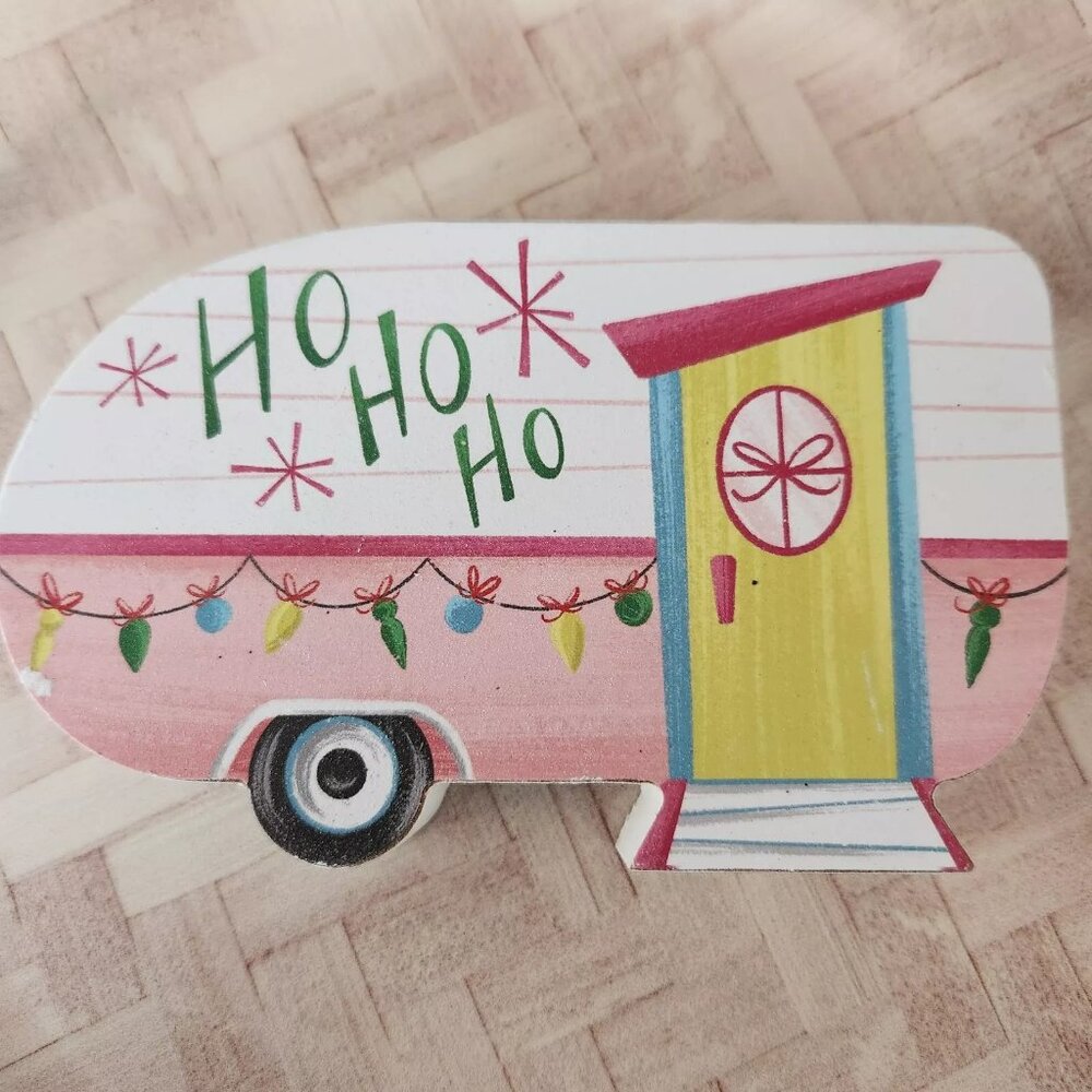 Wooden block camper Christmas ho ho ho decor piece mobile home 5.75" x 3.5" C3